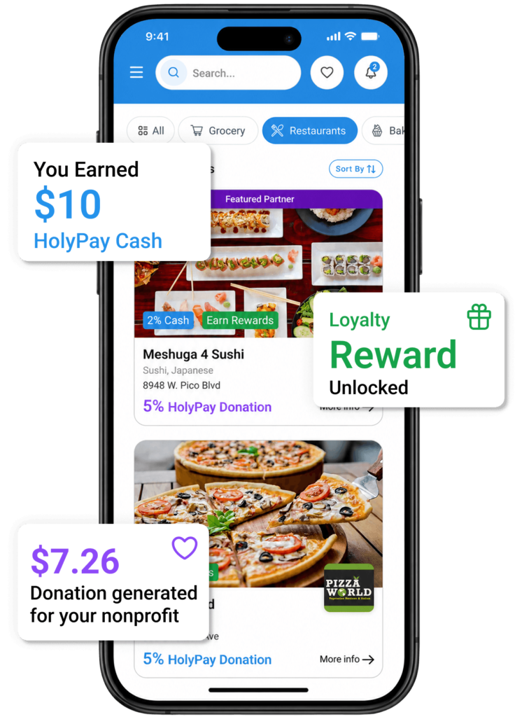 HolyPay app showing HolyPay Cash, loyalty rewards, and donations generated for your chosen nonprofit